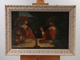 a painting of two men sitting at a table in front of a candle