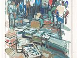 a painting of a group of people standing in a room