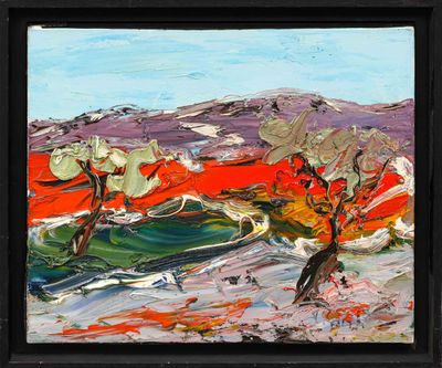 an oil painting of a landscape with trees and mountains in the background