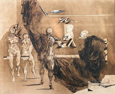 drawing of a group of people in a room with a bird flying overhead