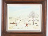 a painting of a winter scene with people and a dog in the snow