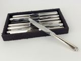 a silver knife in a black box on a white table