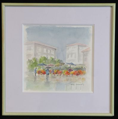 une photo d'une aquarelle représentant une scène de rue