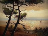 tableau représentant un voilier sur l'océan au coucher du soleil, avec des arbres au premier plan
