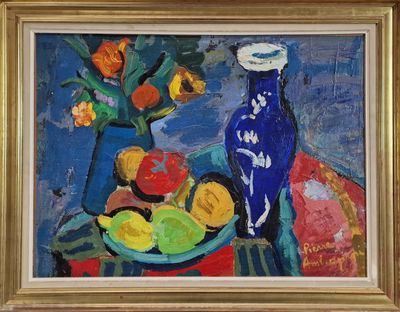 a painting of a blue vase with flowers and fruit in it