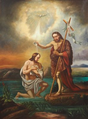 tableau représentant le baptême de Jésus au bord d'une rivière, avec un homme à genoux tenant une croix