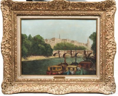 an oil painting of a river scene with boats and a bridge