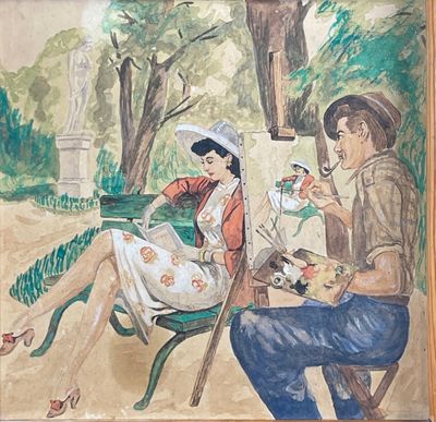 un tableau représentant deux personnes assises sur un banc