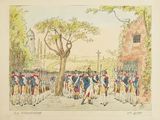 painting of a group of men in uniform standing in front of a building