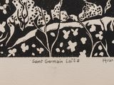 a black and white drawing of giraffes in a field
