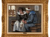 une image d'un tableau représentant un homme et une femme assis sur un banc