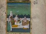 an old book with a painting of a man and woman sitting on a bed