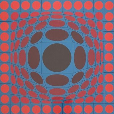 an image of a blue and red square with circles on it