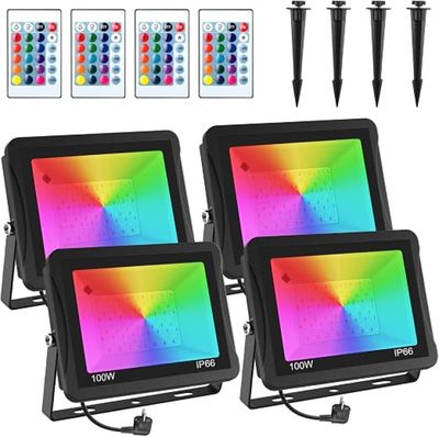 four different color changing led flood lights with remote controls