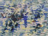 an oil painting of a bunch of blue flowers in a vase