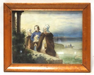 painting of a group of men standing on a hill near a body of water