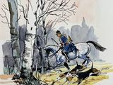 a drawing of a man riding a horse next to a dog