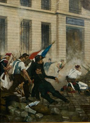 a painting of a painting of a group of people in front of a building