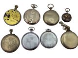 many different types of pocket watches on a white background