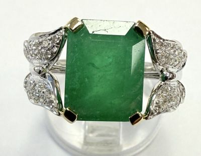 Bague DE Style Art DÉCO EN OR Jaune ET Blanc, ÉMeraude ET DI…