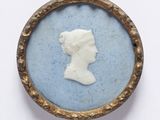 l'image d'un portrait représentant le profil d'une femme, dans un cadre bleu et or