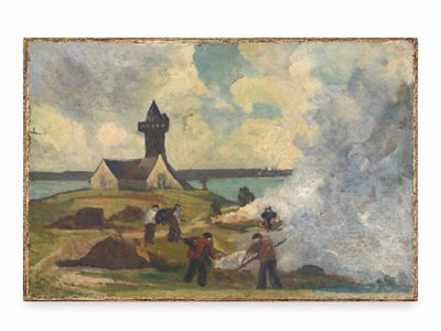 une image représentant un tableau montrant des personnes sur une plage près d'un phare