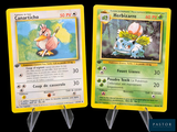 two pokemon cards on display on a black background