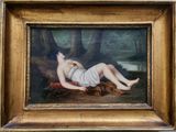 un tableau représentant une femme allongée sur une couverture dans les bois