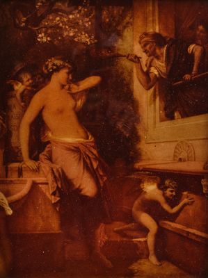 un vieux tableau représentant une femme en train de laver un enfant dans une baignoire