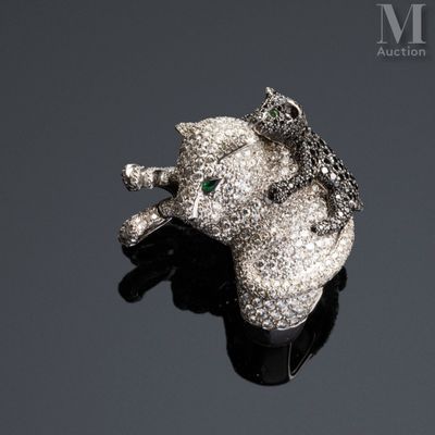Bague panthères diamants blancs et noirs