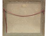 an old picture frame with a red rope hanging from it ' s side