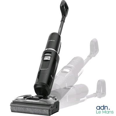 On voit une photo d'un aspirateur sans fil auquel un cordon est raccordé.