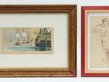 two framed pictures of a woman and a ship