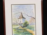 painting of a church in a field with a tree in the foreground