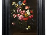 an oil painting of flowers in a glass vase on a table