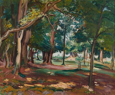 une peinture à l'huile représentant une zone boisée avec des arbres au premier plan