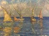 painting of boats on the beach near the ocean with a blue sky in the background