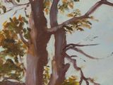 an oil painting of a tree in a field with a blue sky in the background