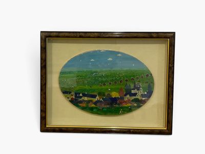 framed picture of a painting of a farm scene with cows in a field