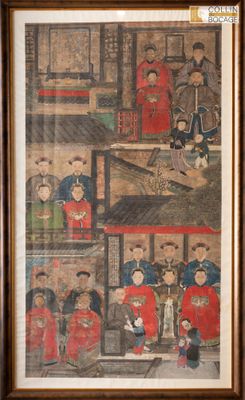 tableau représentant un groupe de personnes dans un bâtiment où se trouve une horloge