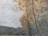an image of a painting of a field with trees in the foreground