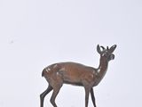 statue of a deer standing on a wooden base on a white surface