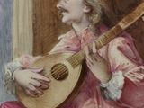 painting of a man playing a musical instrument in a room