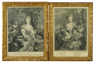 two framed prints of a woman and a man sitting on a bench