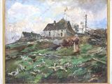 an image of a painting of a farm scene with a cow and a house