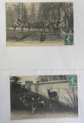 two old black and white photos of horses and jockeys in a park