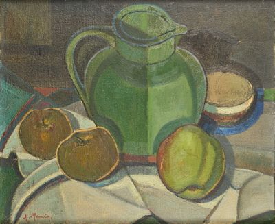 une peinture représentant une théière verte et des fruits posés sur une table