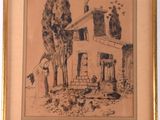 dessin représentant une maison avec une cheminée et des arbres devant