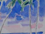a watercolor painting of a beach scene with palm trees