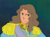 un tableau représentant un homme aux cheveux longs, vêtu d'une tenue bleue et jaune
